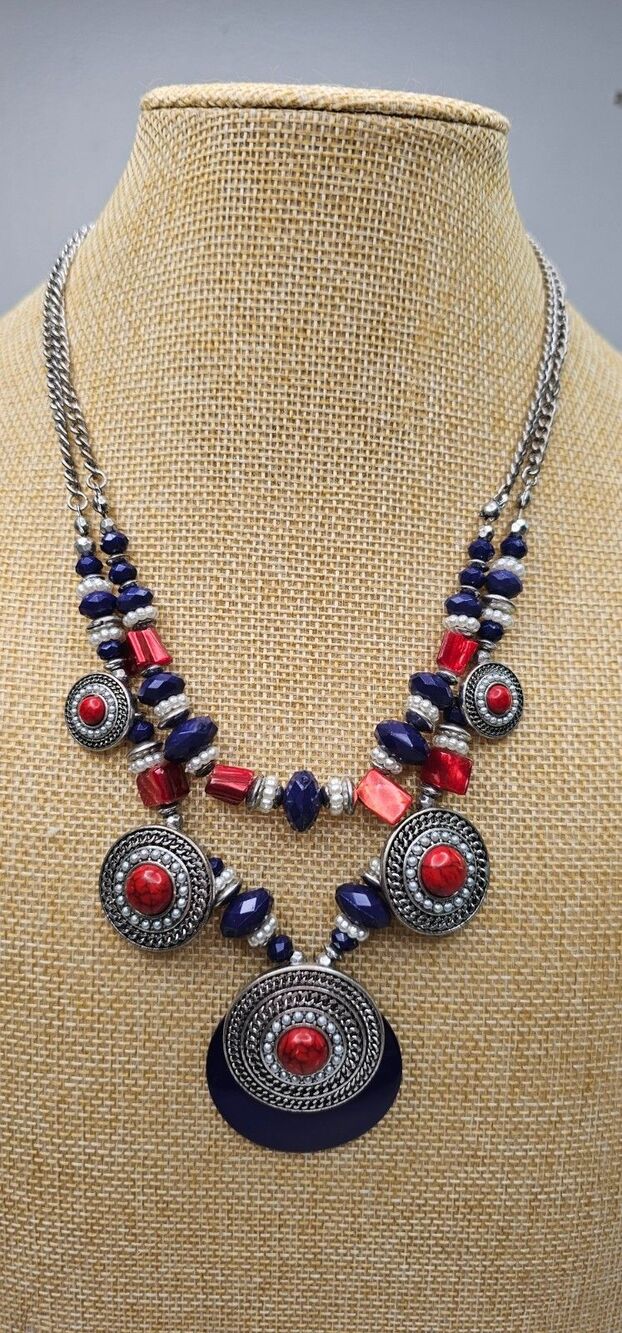 Ruby Rd Double Strand Red Blue & Silver Faux Pearl Beaded Necklace 18"L